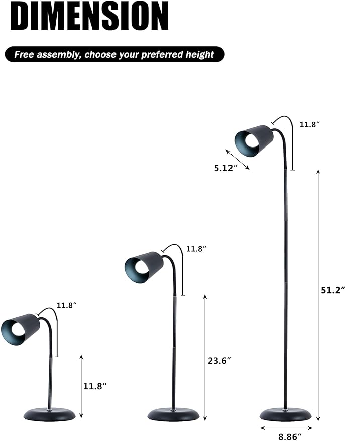 Floor Reading Lamp, Industrial Standing Lamps for Living Room with Adjustable Bendable, 2 in 1 Reading Table Lamps for Living Room Bedroom Office, 12W LED Bulb Included (Black Poles)