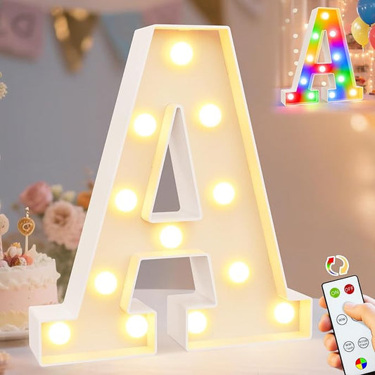 Pooqla LED Light Up Letters, Warm White and Colorful Lighted Marquee Letters with Remote, Lighted Letter for Party Birthday Decorations, Gift for Girls Boys Night Light, Wedding Home Decor, Letter A
