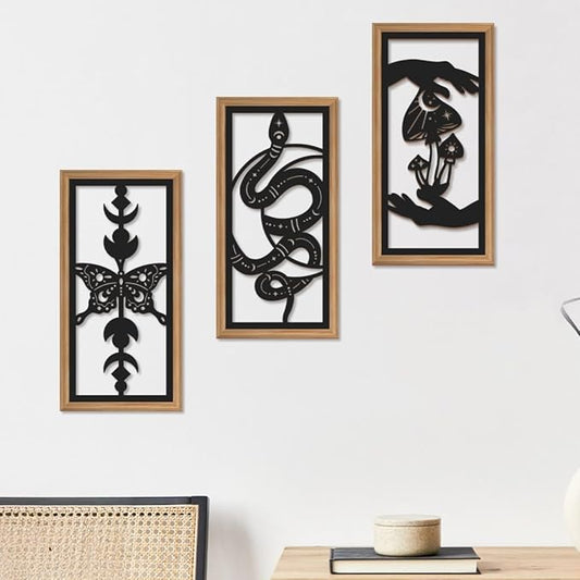 IARTTOP 3 Pcs Black Gothic Wall Art Boho Witchy Moon Phases Butterfly Wood Wall Decor Snake Decor Hanging Art Dark Mushroom Artwork Home Decor for Apartment Living Room Bedroom 7.9 x15.8 Inch