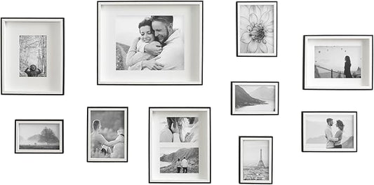 Kate and Laurel Gibson Transitional Picture Frame Set; Set Of 10; Varying Sizes; Black and White; Two-Tone Wall Frame Set Collection with Hanging Template for Gallery Wall Picture Frame Display