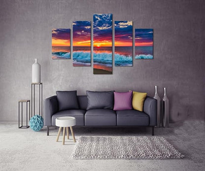 Ocean Wall Art 5 Panel Beach Poster Sunset Landscape Pictures HD Print on Canvas Framed Cityscape Artwork for Living Room Kitchen Bathroom Wall Decorations Stretched Ready to Hang - 60" W x 40" H