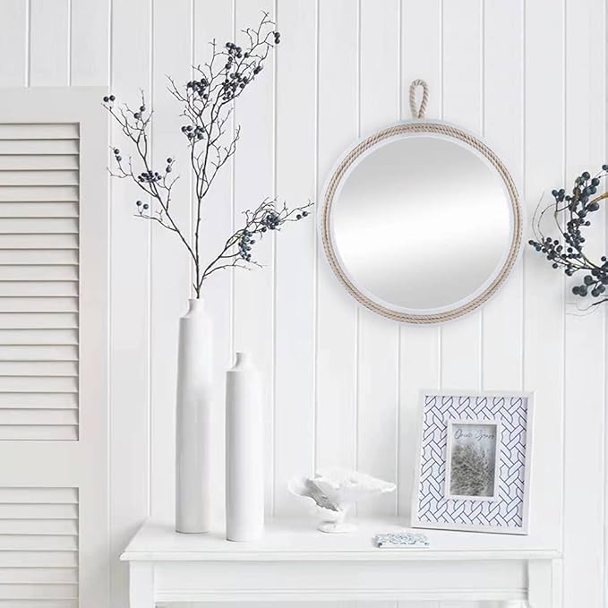 Small Decorative Mirror 11.4'' Round Hanging Mirror for Wall Nautical Rope Mirror for Bathroom Office Living Room All Occasions, White Accent 2