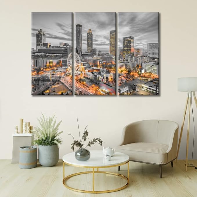 TUMOVO Atlanta Cityscape Pictures Bathroom Decor Wall Art 3 Piece American Skyscrapers Cityscape Pictures Black and White Wall Art City Skyline Office Decor Framed Ready to Hang (36" Wx24 H)