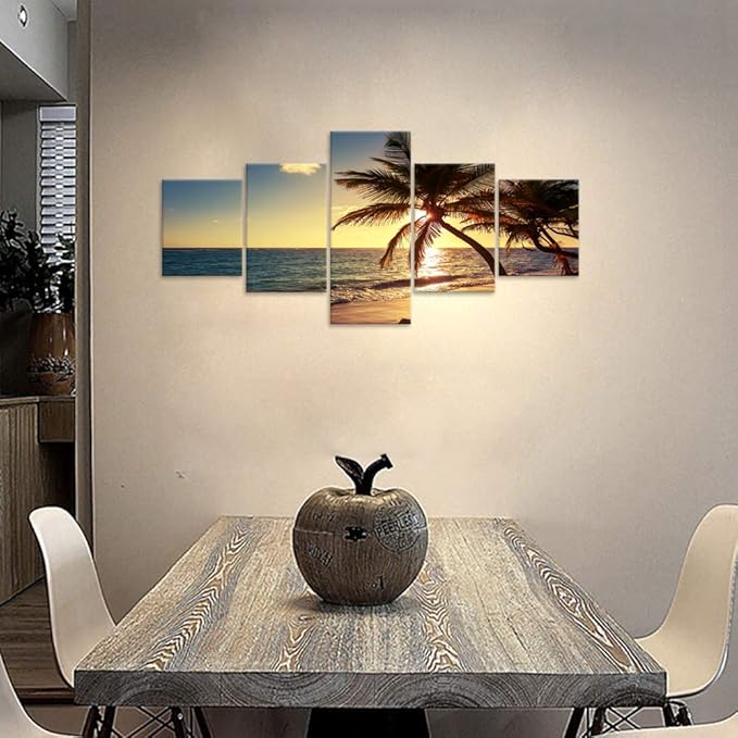 Beautiful Modern Ocean Paintings 5 Pieces Prints Blue Sea Clouds Canvas Wall Art Painting for Living room Home Decor As Gifts stretched and Framed Ready to Hang for Bedroom Wall(50’’W x 24’’H)