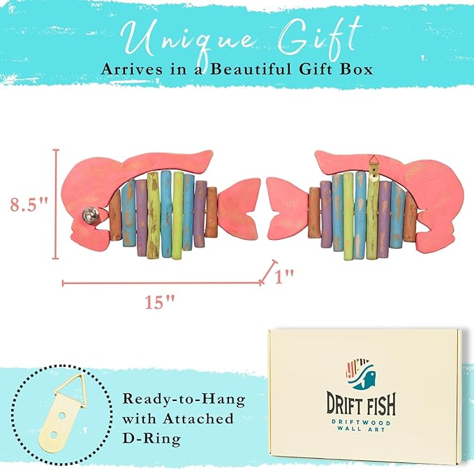 Driftwood Fish Nautical Wall Decor - Handmade Wooden Rustic Coastal Wall Art for Living Room, Bedroom, Office, Bathroom - Ocean Beach Decoration (Bumpson)