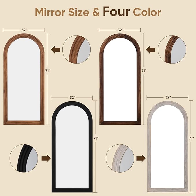 Full Length Mirror, 71"x32" Wooden Mirror Full Length with Stand Wood Floor Mirror, Oversized Stand Up Mirrors Large Wall Mirrors, Wall Mounted Mirrors, Arched Wood Style, White