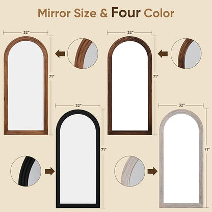 Full Length Mirror, 71"x32" Wooden Mirror Full Length with Stand Wood Floor Mirror, Oversized Stand Up Mirrors Large Wall Mirrors, Wall Mounted Mirrors, Arched Wood Style, Brown