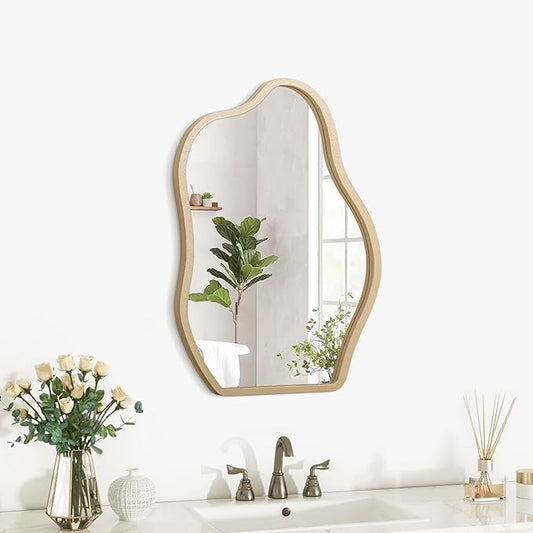 Gold Irregular Cloud Mirror - Modern Wood Frame Asymmetrical Wall Art Decor for Bedroom, Living Room, Bathroom, Entryway, Hallway