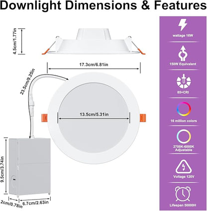 Recessed Lighting 6 Inch RGBCW Color Changing Smart Recessed Ceiling Lights 16W 1350LM LED Downlights Dimmable by Alexa & APP, 2700K-6500K,16 Million Colors - DIY Scenes - Timer - 23 Modes (24 Pack)