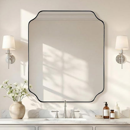 ANDY STAR 30x36 Inch Chrome Bathroom Mirror, Polished Nickel Vanity Mirror, Scalloped Mirror in Anti-Rust Stainless Steel Metal Thin Frame, Unique Rounded Notched Corners, Vertically/Horizontally