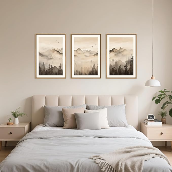 Nature Misty Forest Framed Canvas Wall Art Set, Foggy Landscape Wall Decor, Watercolor Pine Tree Wall Painting, Large Mountains Art Print for Living Room, Bedroom, Office - 24"X36"X3
