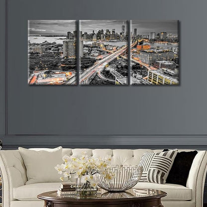 TUMOVO Brooke Bridge, Manhattan, New York Skyline Black and White Wall Art 3 Pieces Nighttime Lightscape Bedroom Living Room City Skyline Wall Decor for Living Room Framed Ready to Hang (36" Wx16 H)