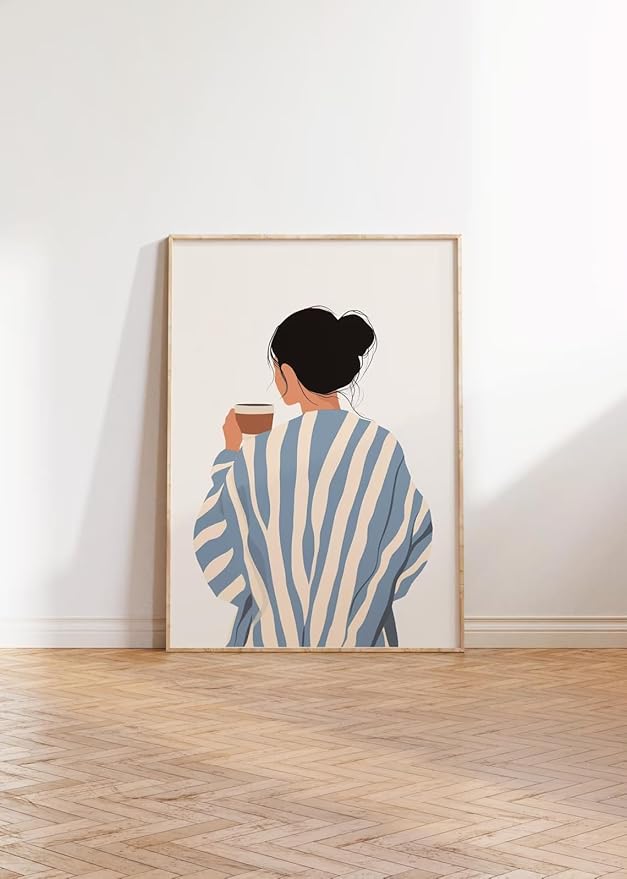 ZHBJSM Modern Minimalist Woman Wall Art Blue White Stripe Sweater Coffee Cup Soft Warm Tone Home Bedroom Living Room Kitchen Cozy Relaxed Inviting Interior Decor Accent Piece 16x24 Inch Unframed