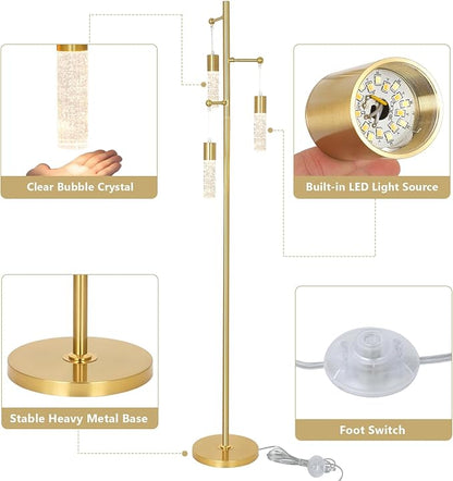 Gold Floor Lamps for Living Room, Modern Brass Standing Lamp with Bubble Crystal Shades, 3 Built-in LED Lights, ON/Off Foot Switch, Industrial Tall Tree Lamp for Bedroom Corner Home Office