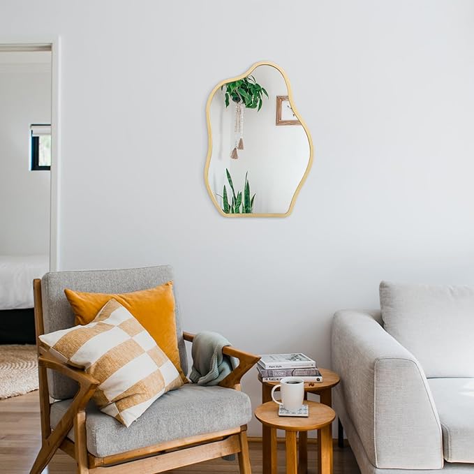 Gold Mirror for Wall Decor Cute and Stylish Unique Wooden Framed Wall Mirror Asymmetrical Vanity Artistic Cloud Mirror Decorative for Living Room Bedroom Bathroom Entryway