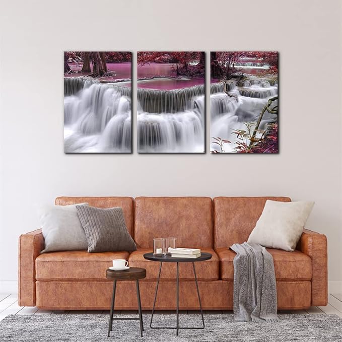 Pacimo Red Forest Canvas Wall Art 3 Pieces Waterfall Canvas Print Landscape Picture Paintings on Canvas Wall Artwork for Office and Home Décor Stretched Framed Ready to Hang - 16"x24"x3 Panel