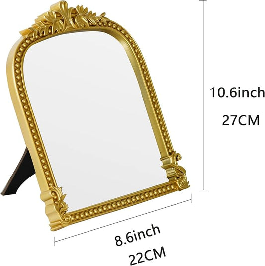 Gold Plastic Arched Makeup Mirror, Standing, Hanging or Wall Mount, Bathroom, Living Room, Bedroom Gold Decorative Mirror (10.6x8.6 inch)