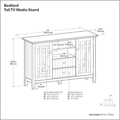 SIMPLIHOME Bedford TV Stand - 53 inch Wide Solid Wood Tall Media Console in White, Transitional Entertainment Center for Living Room for TVs up to 60 Inches with Glass Cabinets and Cable Management