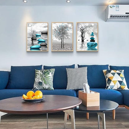 DZRWUBHS Framed Canvas Wall Art, 3pc 12x16in Natural Wood, Abstract Blue Prints, Ready to Hang, Bathroom, Bedroom, Kitchen, Living Room Decor
