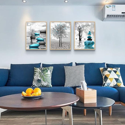 DZRWUBHS Framed Canvas Wall Art, 3pc 12x16in Natural Wood, Abstract Blue Prints, Ready to Hang, Bathroom, Bedroom, Kitchen, Living Room Decor