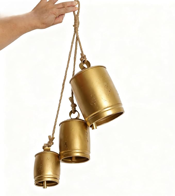 Vintage Gold Metal Cow Bells Set of 3 Handcrafted Hanging Bells with Jute Rope Rustic Farmhouse Distressed Bells for Porch Wreaths Walls & Year-Round Ranch Décor