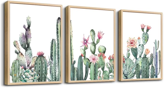 TTHYUEWS Large Boho Wall Art For Living Room Wood Framed Wall Decor For Bedroom Office Wall Art Kitchen Home Decoration Canvas Framed Prints Art Green Cactus Wall Paintings Leaves Pictures Artwork