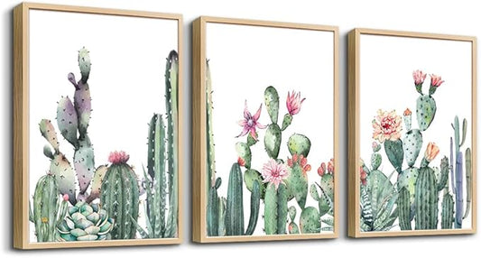 TTHYUEWS Large Boho Wall Art For Living Room Wood Framed Wall Decor For Bedroom Office Wall Art Kitchen Home Decoration Canvas Framed Prints Art Green Cactus Wall Paintings Leaves Pictures Artwork