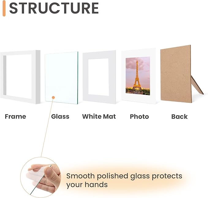 upsimples 8x8 Picture Frame Made of High Definition Glass, Display Pictures 5x5 with Mat or 8x8 Without Mat, Gallery Wall Frame Set, White