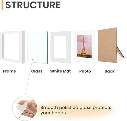 upsimples 8x8 Picture Frame Made of High Definition Glass, Display Pictures 5x5 with Mat or 8x8 Without Mat, Gallery Wall Frame Set, White