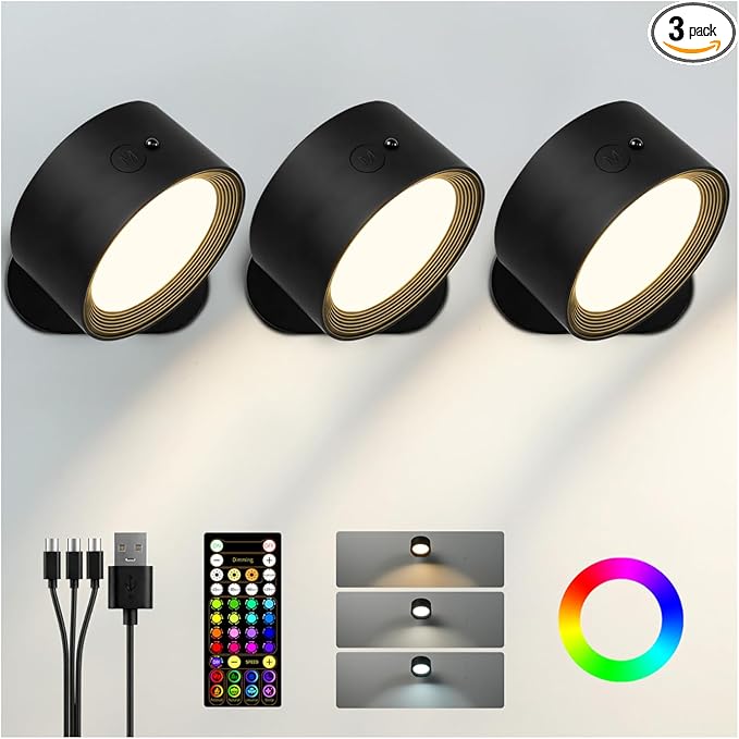 Wall Mounted Lights, 3 Pack Rechargeable RGB Color Changing Light, 3 Color Temps & Remote and Touch, 360°Rotation Dimmable Cordless for Study Bedroom Reading Bedside (Black)