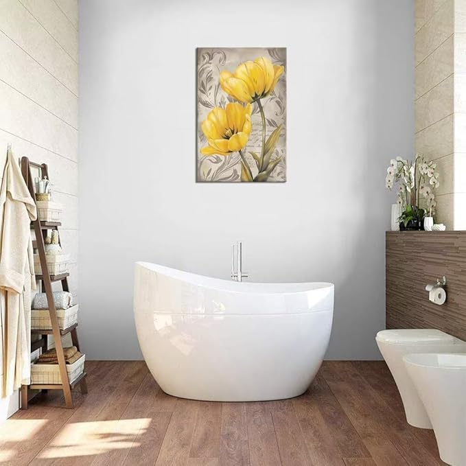 Wall HDQ Flowers Pictures Canvas Prints Yellow Tulip Wall Art for Bathroom Office Home Decor Framed Ready to Hang