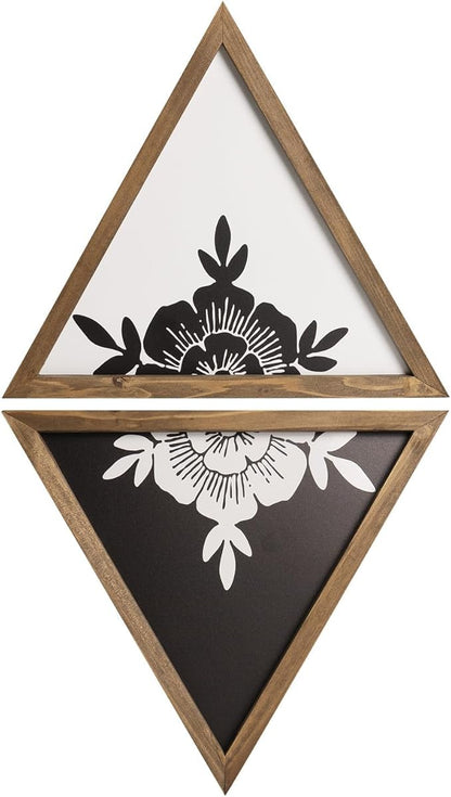 flangairy Floral Wall Decor Wooden Botanical Wall Art Framed Boho Wood Geometric Triangles Black White Bedroom Bathroom Room Home Decorations
