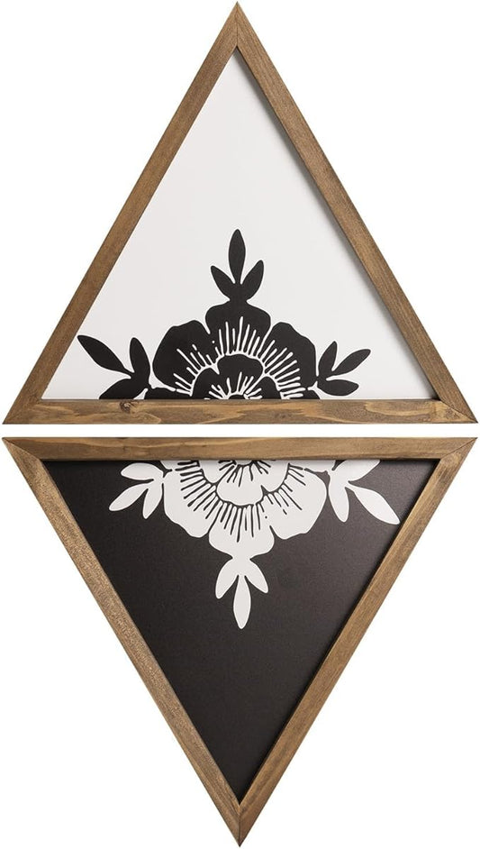 flangairy Floral Wall Decor Wooden Botanical Wall Art Framed Boho Wood Geometric Triangles Black White Bedroom Bathroom Room Home Decorations