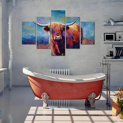 Yatsen Bridge Large Highland Cow Wall Art 5 Panels Graffiti Pictures Canvas Prints Modern Colorful Animal Posters Decor Artwork Living Room Home Office Decoration Framed Ready to Hang - 70''Wx40''H