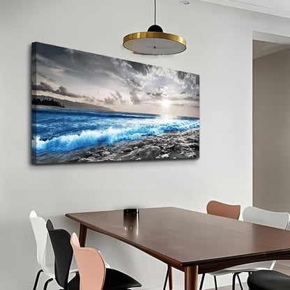 Hyidecorart Framed Canvas Wall Art - Large Size Decor for Office, Living Room, Bedroom - Blue Ocean, Black & White Modern Pictures