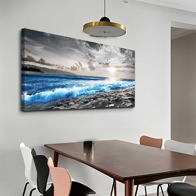 hyidecorart Large Wall Decor For Living Room Canvas Wall Art For Office Bedroom Decorations Blue Ocean Wave Wall Painting Black and White Beach Pictures Artwork Modern Mural Home Decor