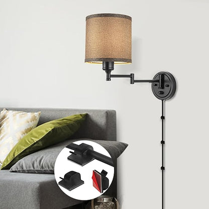 GOODATE Dimmable Plug in Wall Sconces, Swing Arm Wall Lamp, Wall Sconces Set of Two, Plug in Wall Light, Sconces Wall Decor Set of 2, Grey Fabric Shade, 2pcs Bulbs Included