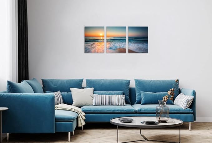 TutuBeer 3 Panels Beach Pictures Wall Art Blue Sea White Beach at Sunrise Pictures Print on Canvas Ocean Pictures Wall Decor Ocean Posters for Walls Stretched and Framed Easy to Hang 12" x 16" x 3
