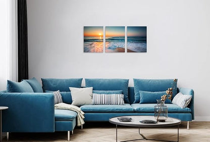 TutuBeer 3 Panels Beach Pictures Wall Art Blue Sea White Beach at Sunrise Pictures Print on Canvas Ocean Pictures Wall Decor Ocean Posters for Walls Stretched and Framed Easy to Hang 12" x 16" x 3