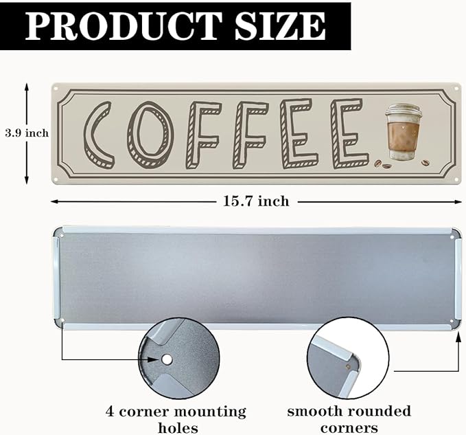 Vintage Coffee Sign Decor, Retro Metal Tin Sign, Home Kitchen Wall Decor, Farmhouse Decorations for Cafe, Coffee Station Decors Decorative Metal Wall Signs 15.8x4 Inches