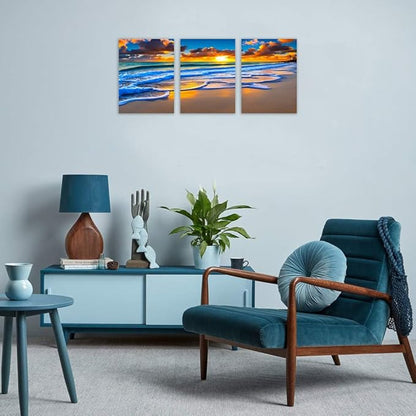 TutuBeer 3 Pcs Wall Decor Beach Ocean Pictures Sunrise over the Beach Pictures Print on Canvas Seascape Canvas Coastal Wall Art Ocean Wall Art Stretched and Framed 16" x32" x 3