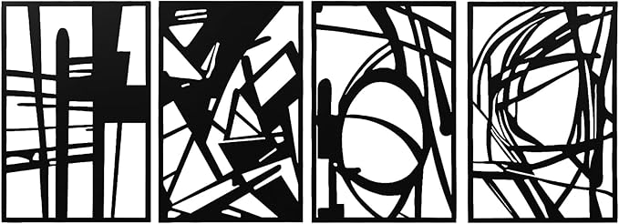 AMAATE Minimalist Abstract Line Art Metal Wall Decor Set of 4, Black Iron Geometric Sculptures with Curved Patterns and 3D Effect, Modern Artistic Wall Accents for Living Room, Bedroom, Home Office and Studio Decor, 11" X 14.6"