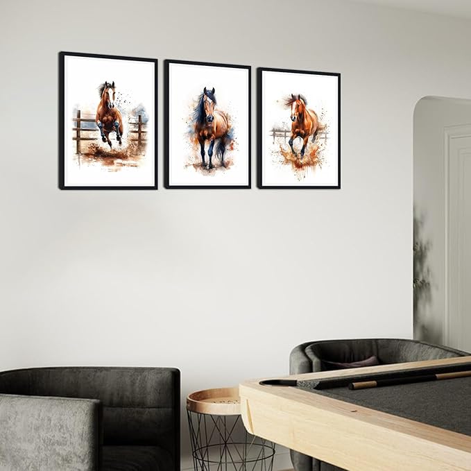 3 Plane Farmhouse Horse Framed Canvas Wall Art Running Horses Decor for Country House Apartment Living Room Watercolor Vintage Animal Portrait Print Artwork Wall Decor Easy to Hand 12x16inchx3pcs