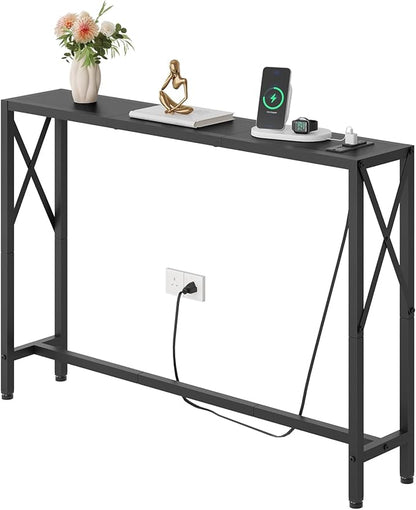 Gewudraw 41.7" Console Table with Outlet, Narrow Behind Couch Sofa Table, Industrial Skinny Design for Hallway, Entryway, Living Room, Black