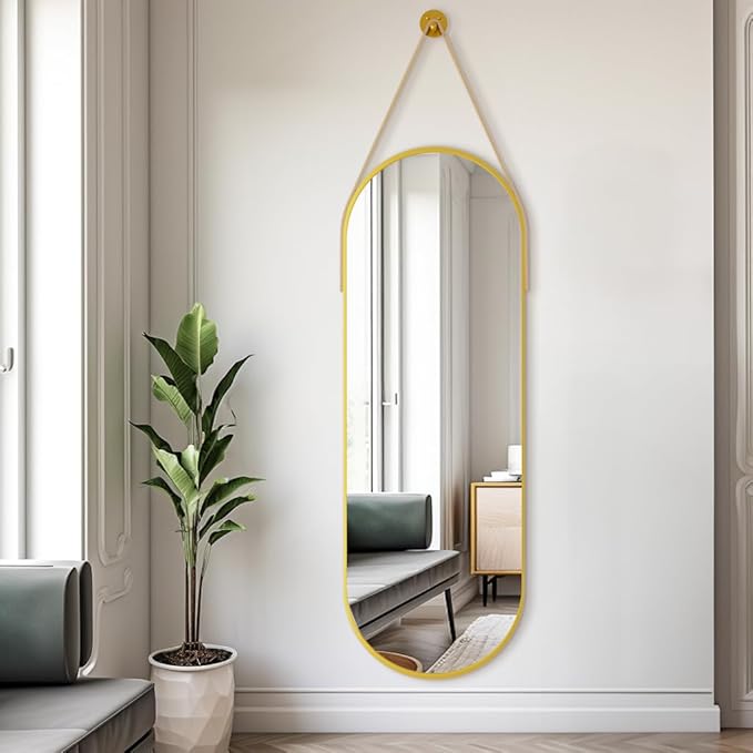 Dewfig 16"x48" Oval Full Length Mirror with Leather Strap Hanging Mirror with Aluminum Frame, Oval Gold Wall-Mounted Mirrors for Living Room Bedroom Entryway Décor, Gold