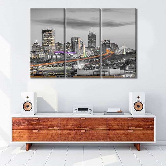 TUMOVO 3 Piece Wall Decor American Cityscape Canvas Paintings for Bedroom, Bathroom, Office. Boston Skyscrapers Nighttime Lightscape House Decor Print on Canvas Framed Ready to Hang (42" Wx28 H)