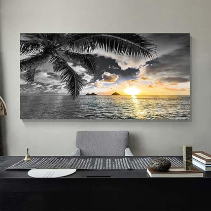 Bamdeya Large Canvas Wall Art for Bedroom Black and White Beach Wall Art Sunset Seascape Pictures Palm Prints Art Wall Decor Living Room Ocean Poster Painting Home Office Decoration Scenery Artwork