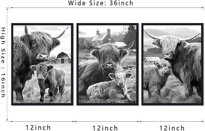 Western Cow 3 Piece Framed Wall Art for Living Room Vintage Black and White Farmhouse Canvas Poster Rustic Highland Cow Wall Decor for Kitchen Country House Decor Easy to Hand 12x16inchx3pcs