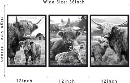 Western Cow 3 Piece Framed Wall Art for Living Room Vintage Black and White Farmhouse Canvas Poster Rustic Highland Cow Wall Decor for Kitchen Country House Decor Easy to Hand 12x16inchx3pcs