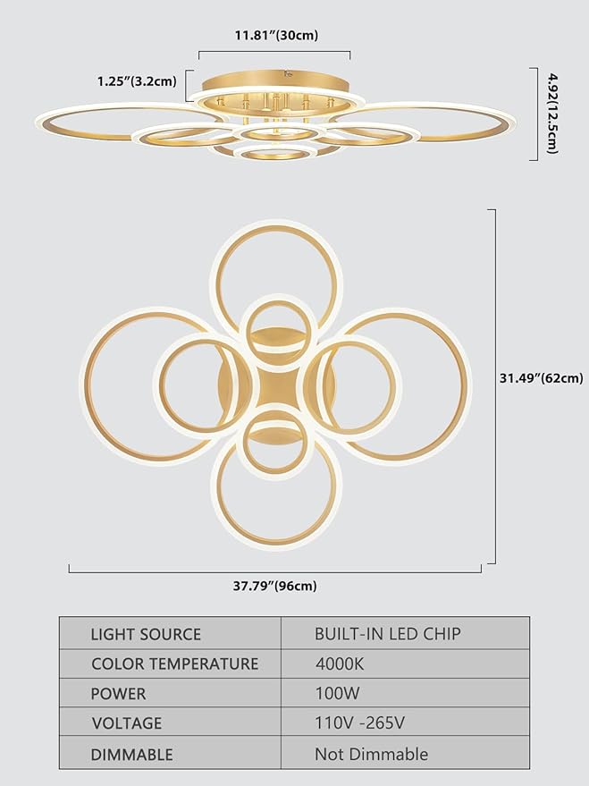 Modern LED Flush Mount Ceiling Light, 8 Rings Gold Close to Ceiling Light Fixtures, Living Room Lighting Ceiling Lamp for Dining Room, Bedroom, Kitchen, 4000K Not Dimmable